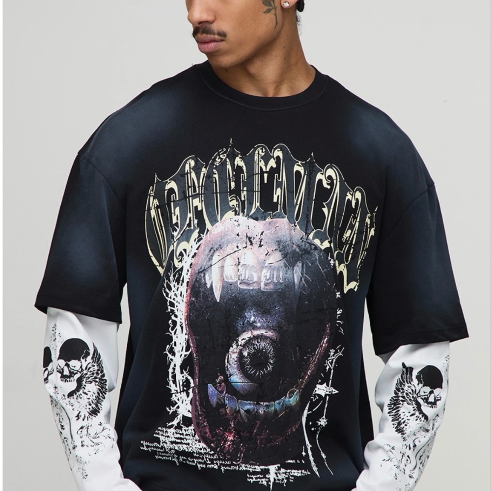 BoohooMAN Overside Boxy Ofclman Graphic Faux Layer Washed T-Shirt